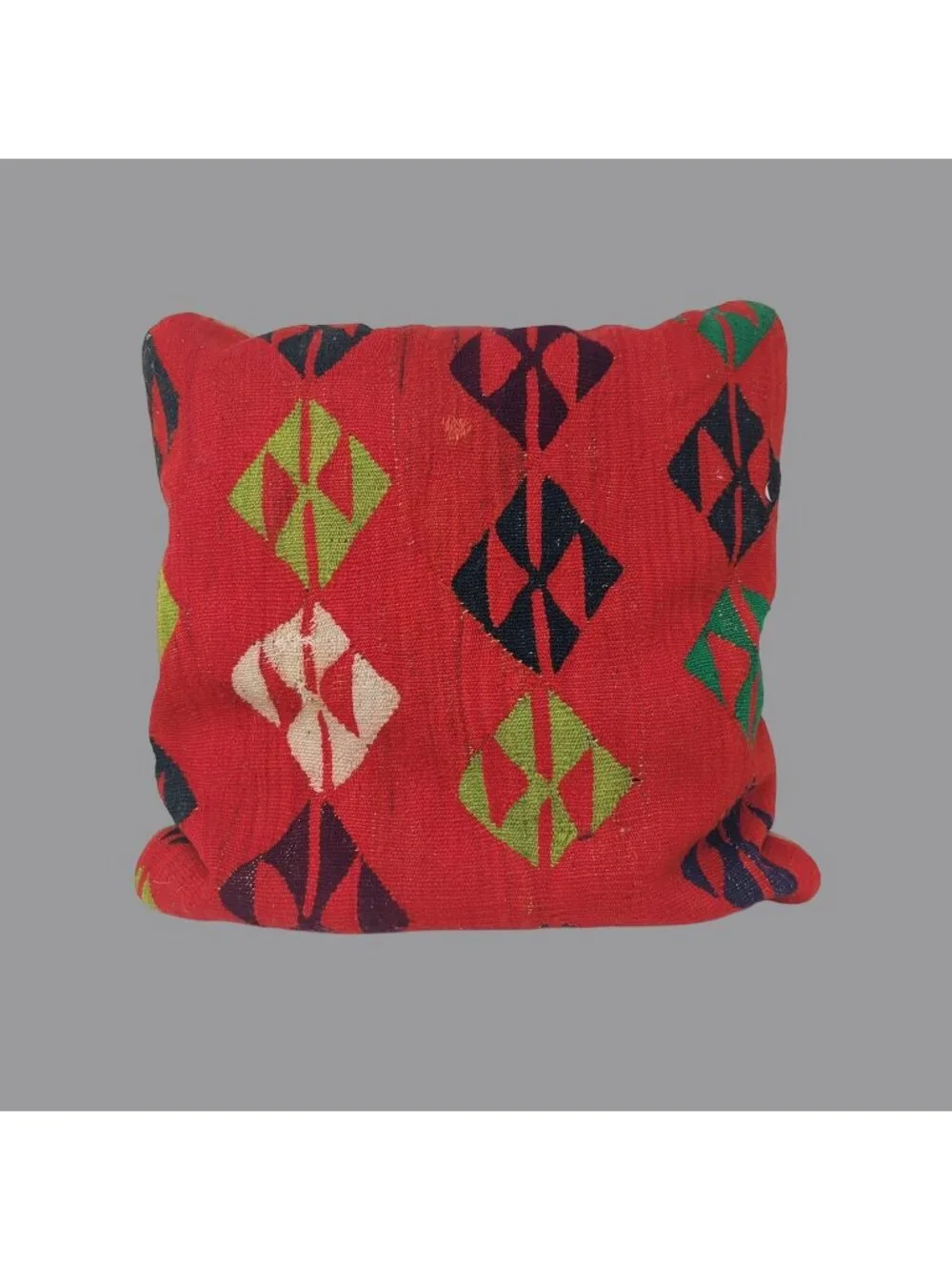 Vintage 80s Kilim Pillow Red Woven Wool Hand Folk Square